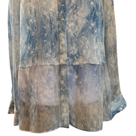 Elie Tahari 100% Blue Green Watery Silk Button down Sheer Sleeves Shirt Medium M - Picture 5 of 10